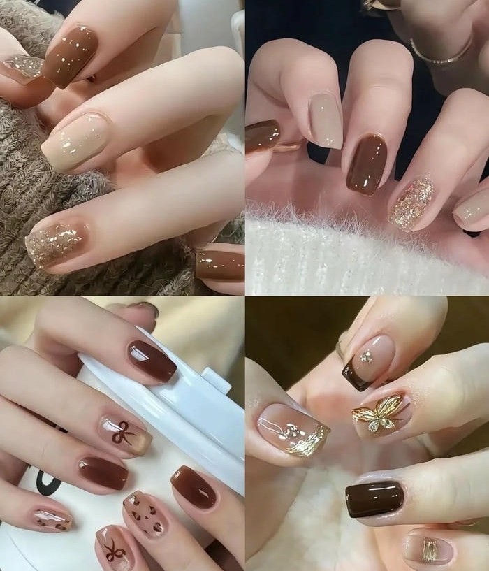 mẫu nail màu nâu lấp lánh