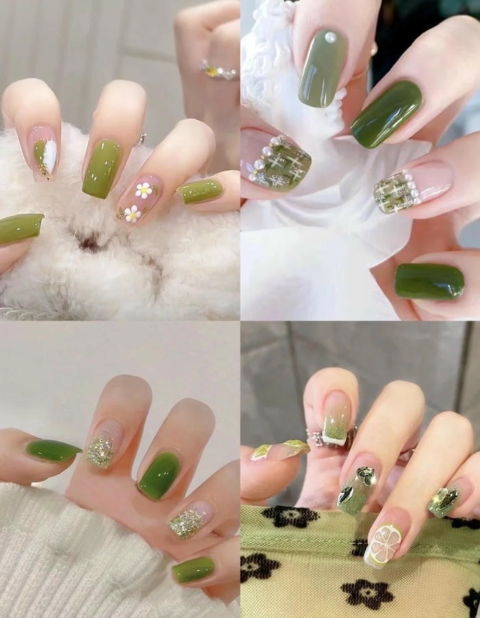 mẫu nail màu xanh lá dễ thương