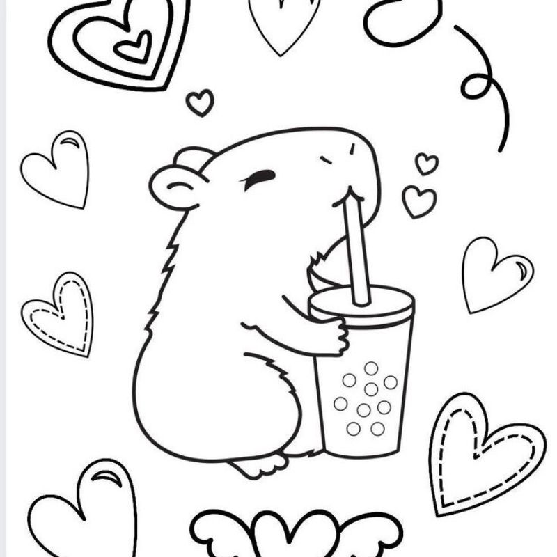 tranh tô màu capybara uống trà sữa